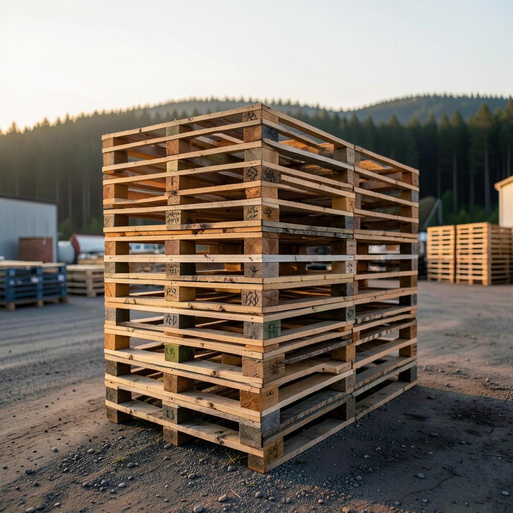 Pilha de pallets novos em pátio industrial